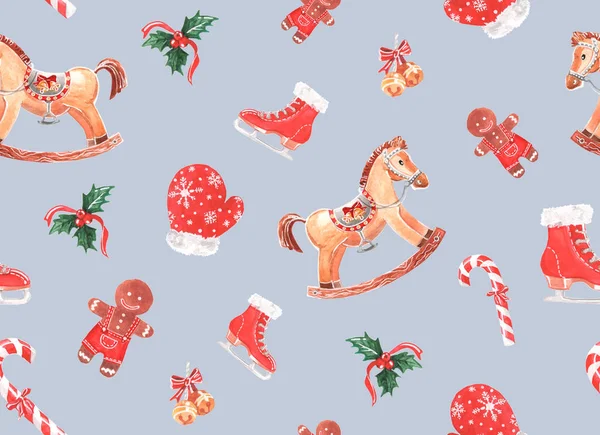 Patrón Acuarela Con Juguetes Navidad Sobre Fondo Color Dibujo Acuarela —  Fotos de Stock