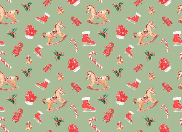 Aquarel patroon met Kerstmis speelgoed op een gekleurde achtergrond — Stockfoto