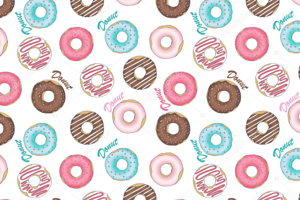 pattern with the image of multi-colored donuts drenched with icing and chocolate on a colored background