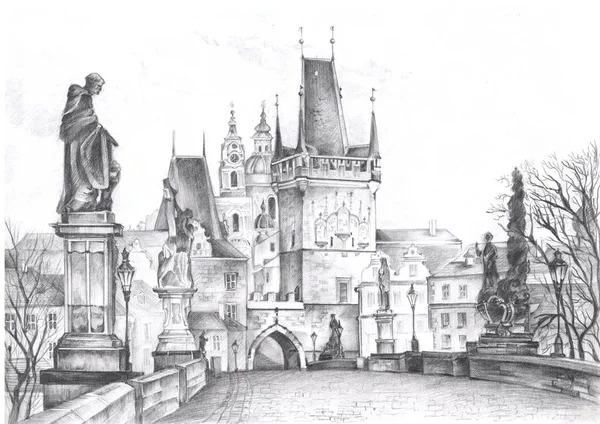 Paesaggi di Praga disegnati a matita. Luoghi di Praga — Foto Stock