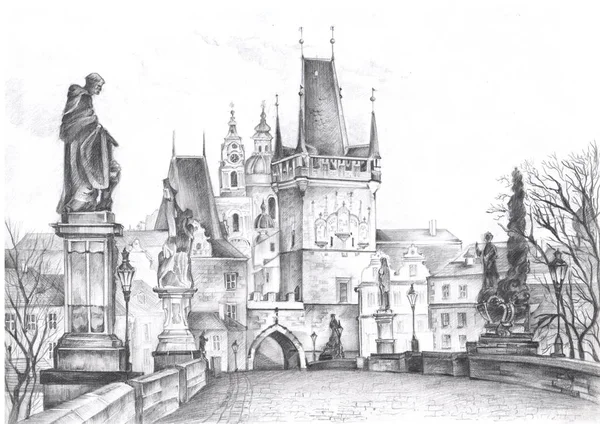 布拉格的风景是用铅笔画的。布拉格的景点 免版税图库图片