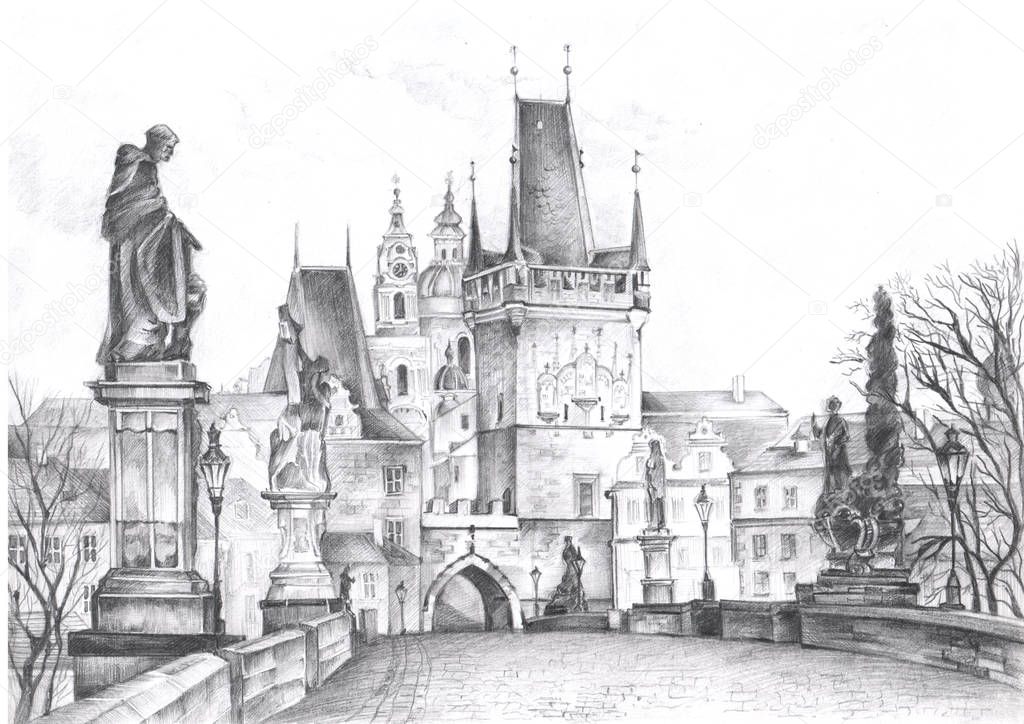 Prague landscapes drawn in pencil. Sights Of Prague