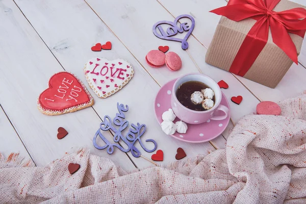 Valentine Day Breakfast Delicious Coffee Cookies Wooden Table Start Romantic — Stock Photo, Image