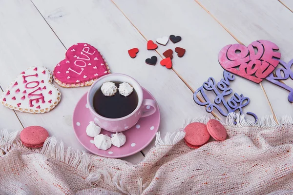 Valentine Day Breakfast Delicious Coffee Cookies Wooden Table Start Romantic — Stock Photo, Image