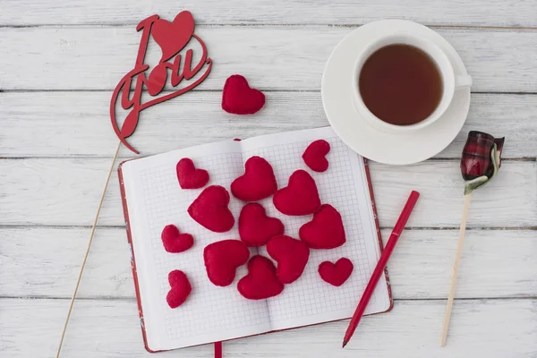 Valentines Day Notebook White Wooden Table Red Hearts Romantic Morning — Stock Photo, Image