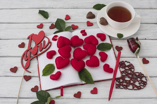 Valentines Day Notebook White Wooden Table Red Hearts Romantic Morning — Stock Photo, Image