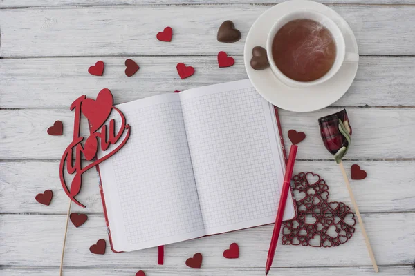 Valentines Day Notebook White Wooden Table Red Hearts Romantic Morning — Stock Photo, Image