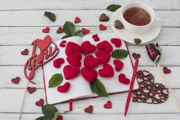 Valentines Day Notebook White Wooden Table Red Hearts Romantic Morning — Stock Photo, Image