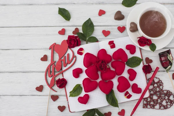 Valentines Day Notebook White Wooden Table Red Hearts Romantic Morning — Stock Photo, Image