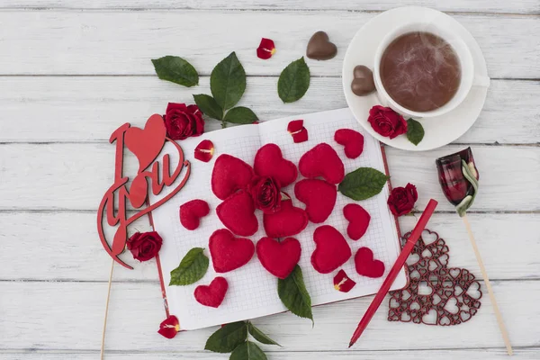 Valentines Day Notebook White Wooden Table Red Hearts Romantic Morning — Stock Photo, Image