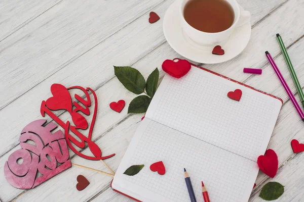 Valentines Day Notebook White Wooden Table Red Hearts Romantic Morning — Stock Photo, Image