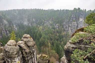 Bastei Dresden Germany.Park Sakson Switzerland.The kayalıklarla değil Rathen uzak sis kayalarda Dresden.The güney doğusunda Pirne şehri yakınlarında yer almaktadır. Güzel manzara. Dağlar seyahat.