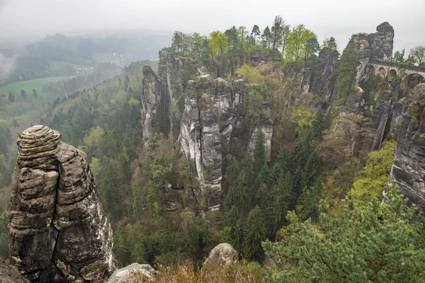 バスタイ ドレスデン Germany Park ザクセン スイスの崖は 霧の中で当岩の南東部の Pirne の町の近く Rathen — ストック写真