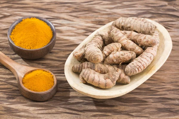 Wurzeln Und Biologisches Kurkuma Pulver Curcuma Longa — Stockfoto