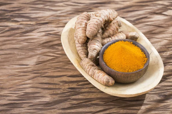 Turmeric Powder Bowl Organic Roots Curcuma Longa — Stock Photo, Image