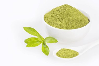 Taze yeşil Stevia bitki ve özü tozu - Stevia rebaudiana. Beyaz arka plan
