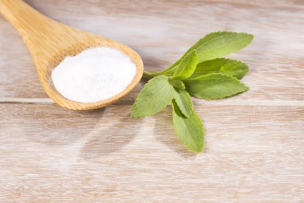 Natural Sweetener Powder Stevia Plant Stevia Rebaudiana Wooden Background — Stock Photo, Image