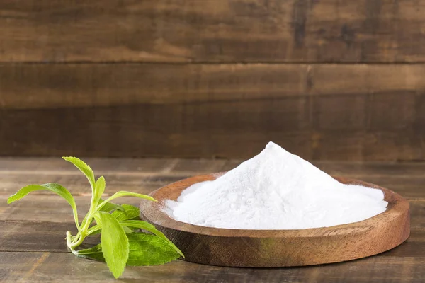 Natürliche Süßstoffe Pulver Aus Der Stevia Pflanze Stevia Rebaudiana Hölzerner — Stockfoto