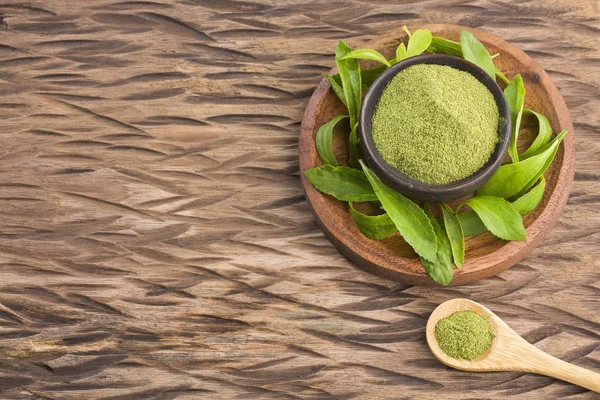 Natuurlijke Zoetstof Poeder Uit Stevia Plant Stevia Rebaudiana Bovenaanzicht — Stockfoto