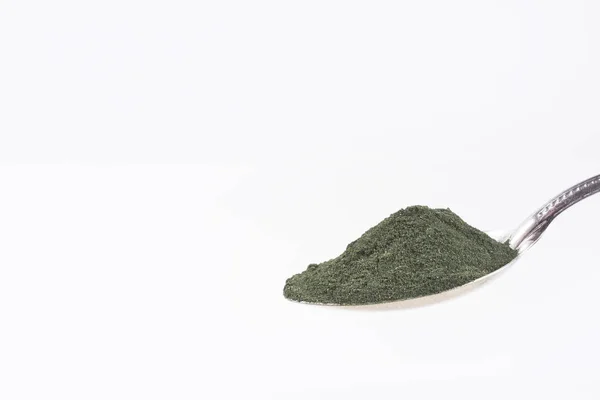 Espirulina Polvo Cuchara Espirulina Fondo Blanco —  Fotos de Stock