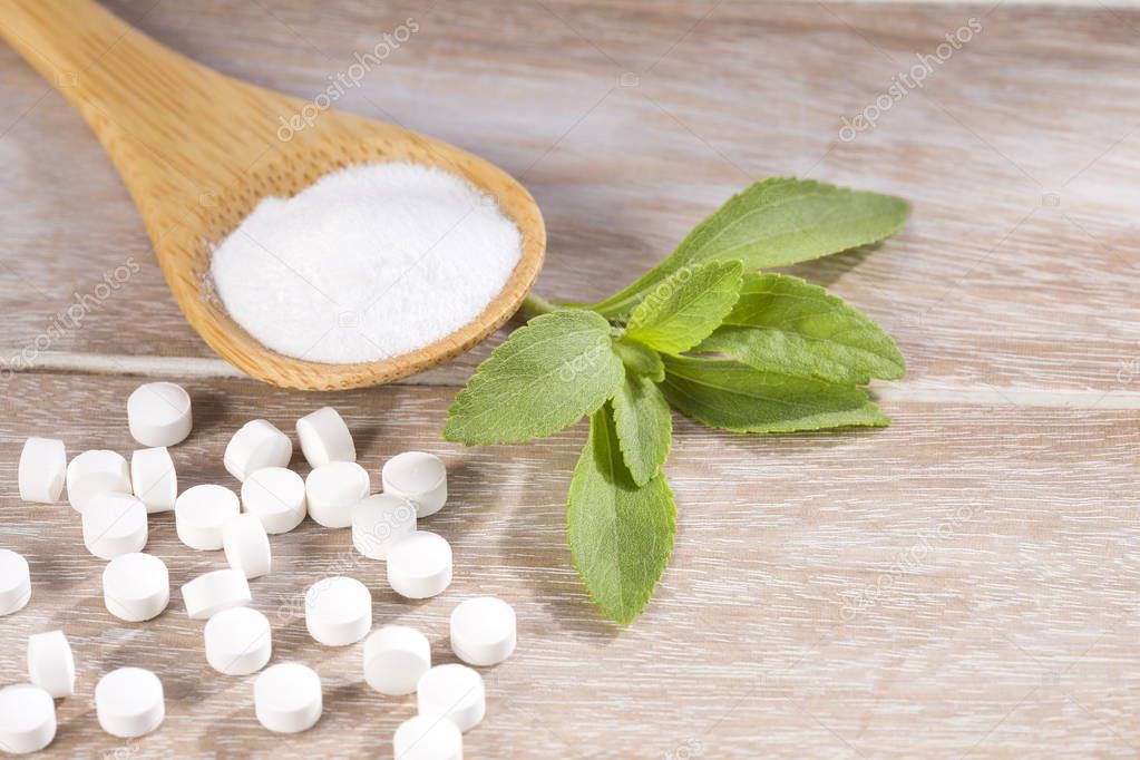 Natural sweetener in pills of stevia plant - Stevia rebaudiana.