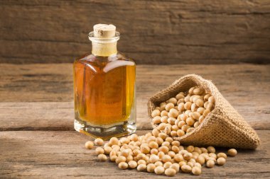 Yağ ve soya fasulyesi - Glycine max. Ahşap arka plan