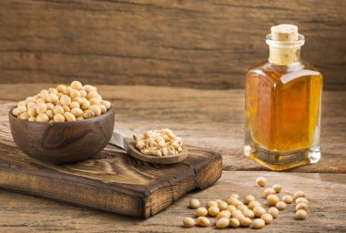 Yağ ve soya fasulyesi - Glycine max. Ahşap arka plan