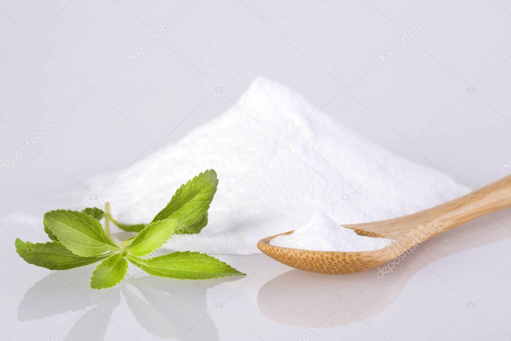 Natural sweetener in powder from stevia plant - Stevia rebaudiana.