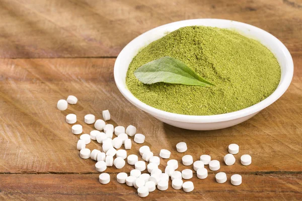 Pills, powder and leaves of stevia plant - Stevia rebaudiana. Sweetener