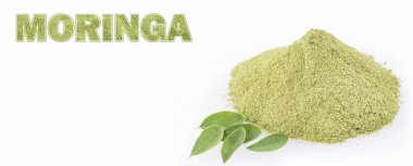 Taze yaprakları ve moringa tozu - Moringa oleifera. Metin alanı