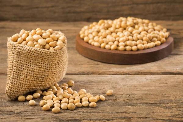 Dry Soybeans Glycine Max Wood Background — Stock Photo, Image