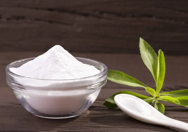 Natural sweetener in powder from stevia plant - Stevia rebaudiana.