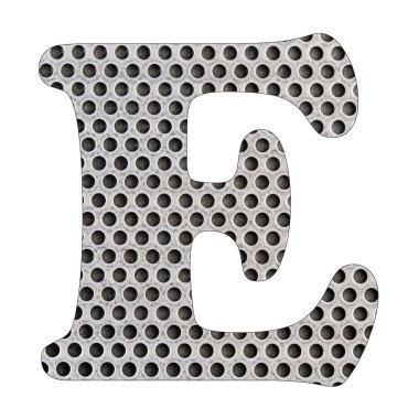 Harf E - paslanmaz çelik sac yumruk attı. Beyaz arka plan