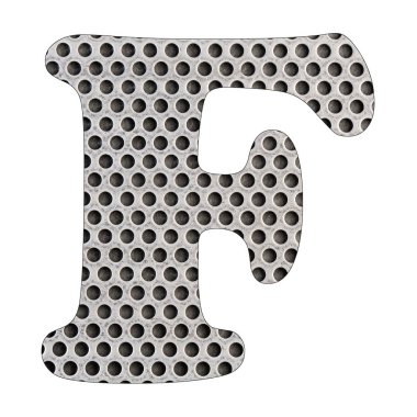 Harf F - paslanmaz çelik sac yumruk attı. Beyaz arka plan