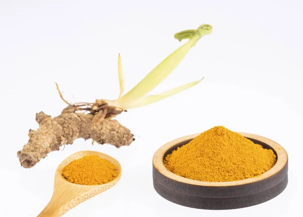 Roots and turmeric powder - Curcuma longa. White background — Stock Photo, Image