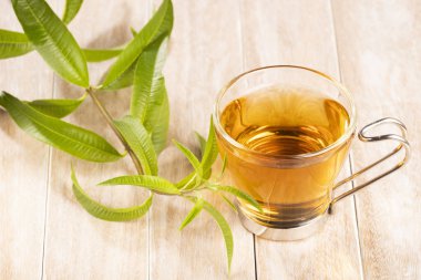 Limon Verbena ile çay-Aloysia citrodora. Ahşap arka plan