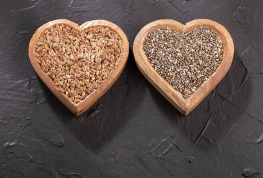 Keten tohumu ve chia - organik tohumlar. Süper yiyecekler. Metin uzayı