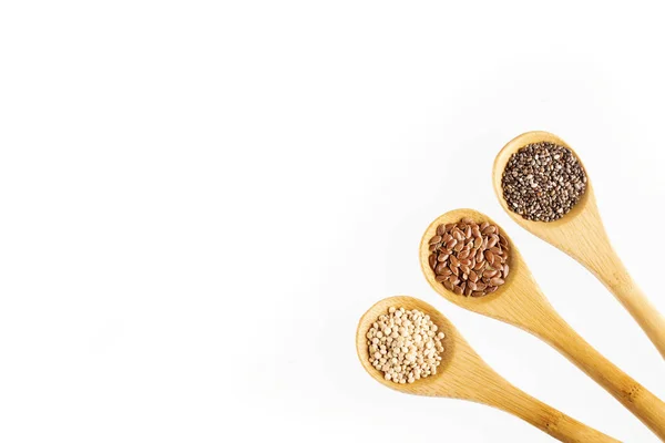 Sementes orgânicas de quinoa, linhaça e chia - Superalimentos — Fotografia de Stock