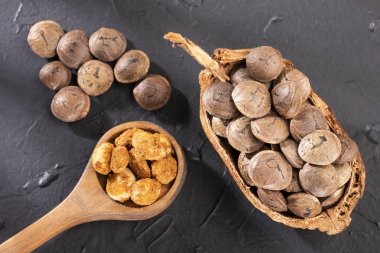 Plukenetia volubilis - Kurutulmuş sacha meyve tohumları. Inchi fıstık. Beyaz arka plan
