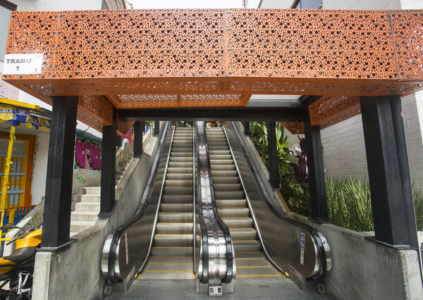 Medell��n, Antioquia / Colombia - July 8, 2019. Escalators of the commune stair 13. Tourist zone.