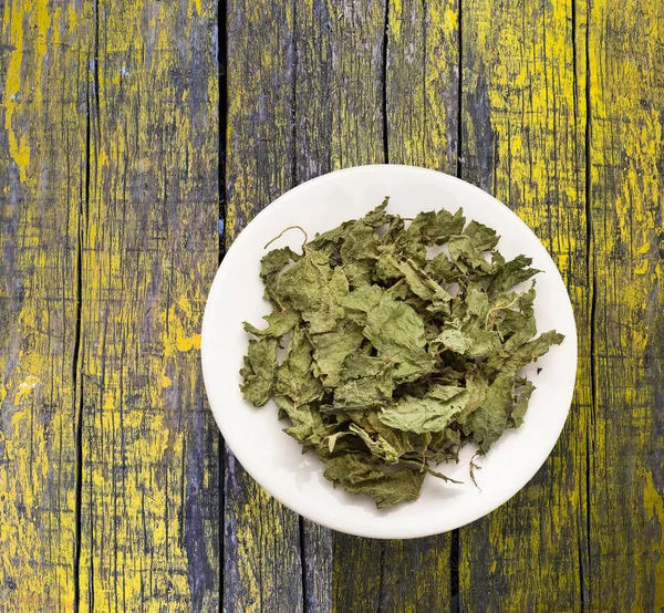 Kurumuş, tıbbi ve kurutulmuş ısırgan otu yaprakları bir kasede.