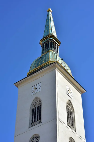 Gothic spire of Roman Catholic cathedral of St Martin in Bratislava dominates skyline of Old Town.