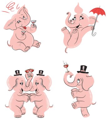 Eğlenceli, retro kokteyl parti sarhoş pembe filler şampanya ve kokteyl içme tasarımını kümesi. Beyaz arka plan üzerinde izole.