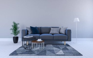 Kanepe ile Modern Oturma Odası İç 3d Rendered Gerçekçi Mockup - Kanepe ve Masa