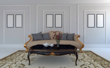 Kanepe ile Modern Oturma Odası İç 3d Rendered Gerçekçi Mockup - Kanepe ve Masa