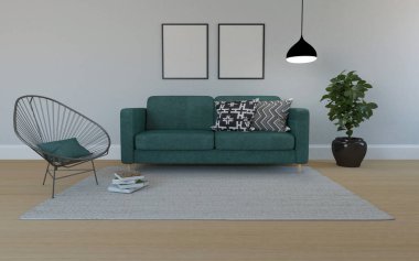 Kanepe ile Modern Oturma Odası İç 3d Rendered Gerçekçi Mockup - Kanepe ve Masa