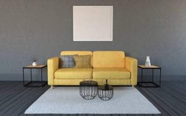 Kanepe ile Modern Oturma Odası İç 3d Rendered Gerçekçi Mockup - Kanepe ve Masa