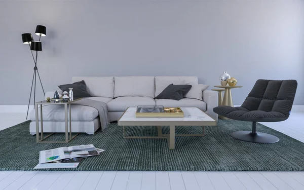 Realistický mockup 3D vykreslování interiéru moderního obývacího pokoje s pohovkou-gauč a stůl — Stock fotografie