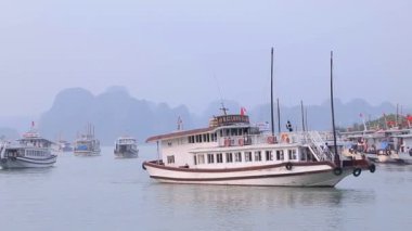 Halong Bay, Quang Ninh, Vietnam. 6 Mart 2019: Görünüm Halong Bay Cruise ship Tuan Chau uluslararası Marina Station Quang Nin'e ilk ayak, Halong Bay, Vietnam Halong Bay iskelede.