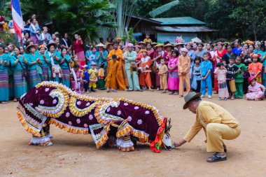 Shan veya Tai Yai Grubu (Myanmar ve Tayland bölgelerinde yaşayan etnik grup) kabile elbise Shan Yeni Yıl kutlamaları yerli dans yapmak.